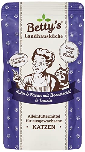 Betty's Landhausküche Frischebeutel Pouches Nassfutter Katze, Huhn & Fasan mit Borretschöl 12 x 100 g, getreidefrei, beste Qualität, hochwertiges Fleisch, schonend gegart, hohe Bioverfügbarkeit