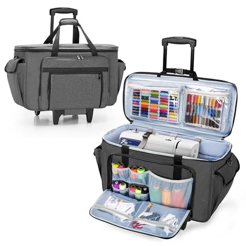 CURMIO Nähmaschinentasche mit Abnehmbarem Trolley, Rollende Stickmaschine Tasche mit Bodenträgerplatte für Näh- und Stickmaschine, Grau