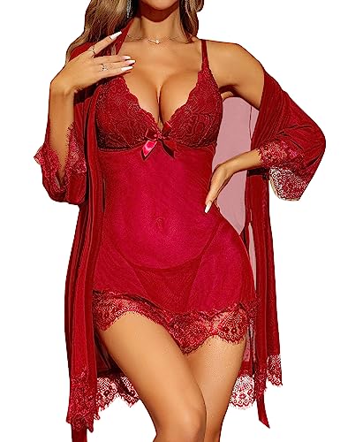 RSLOVE Sexy Dessous für Damen Spitzen-Babydoll mit Morgenmantel Nachtkleid Nachtwäsche Weinrot M