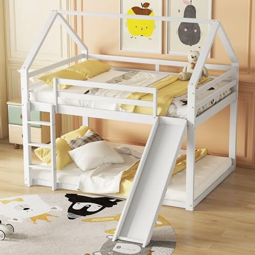 Moimhear Doppelbett Kinderbett 140x200cm, Hausbett Etagenbett mit Rutsche und Leiter, Kinderzimmer Hoch-Doppel-Stockbett (Weiß)