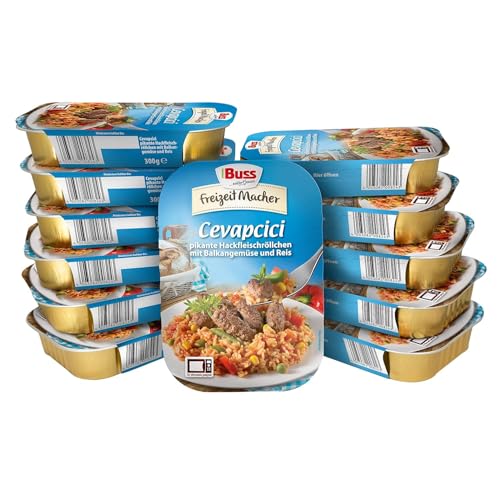Buss Freizeitmacher Cevapcici mit Reis und Gemüse vom Balkan - Fertiggerichte zum Aufwärmen in Mikrowelle & Topf - Schnell & Einfach Zubereitet - 12 x 300g