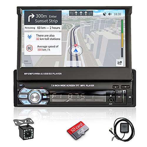 Hikity Autoradio Bluetooth 1 Din mit Navi Motorisierte Ausfahrbarem Display, Autoradio mit 7 Zoll Bildschirm Rückfahrkamera Flip Out Touchscreen Car Radio mit BT/AUX/USB/TF/Mirror Link(Android&IOS)