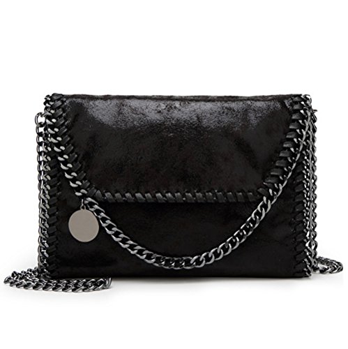 Valleycomfy Damen Handtaschen Clutches Elegante Schultertasche Metallic Kette Riemen PU Leder Cross Body Taschen Handtasche (schwarz)
