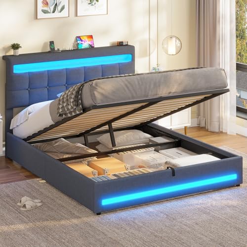 AOGLLATI Hydraulisch Stauraumbett 140×200cm, Polsterbett Doppelbett mit LED und USB-Ladefunktion, Funktionsbett Bettgestell mit Stauraum und Lattenrost, Linen,Ohne Matratze, Dunkelgrau
