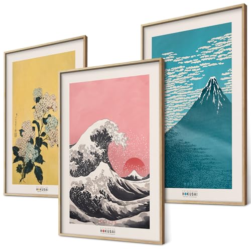 Hokusai Poster Set Japanische Wanddeko Japan Kunst Bilder Schlafzimmer Deko Wohnzimmer Dekoration Eklektische Gemälde (3x A4 | Ohne Rahmen)