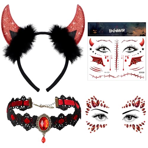 QITHGYD 4 Stück Dekoration Teufel Horn Glitzende Tattoo Facestone Halloween Gesicht Tattoo,Lace Necklaces Und Mädchen Kinder Karneval Halloween Rollenspiel
