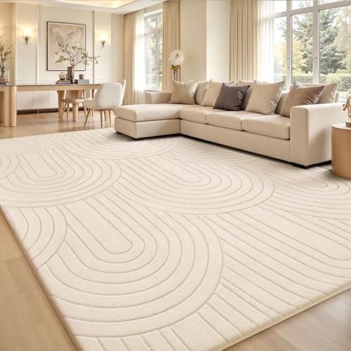 Treeboy Kurzflor Teppich Wohnzimmer, Teppich Groß 160 x 230 cm, 3D Halbkreismuster Carpet Beige Waschbarer Teppiche Schlafzimmer Flauschige Rugs, Teppiche Gegend Mit Rutschmatte