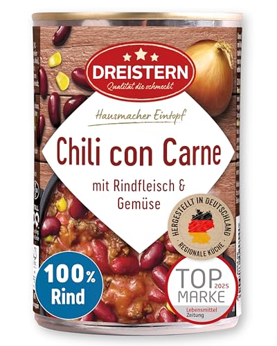 DREISTERN Chili con Carne 400g I Mit Rindfleisch & Gemüse I High-Protein-Eintopf mit hochwertigen Nährwerten I Lange Haltbarkeit & ohne zugesetzte Konservierungsstoffe I Hausmacher Qualität
