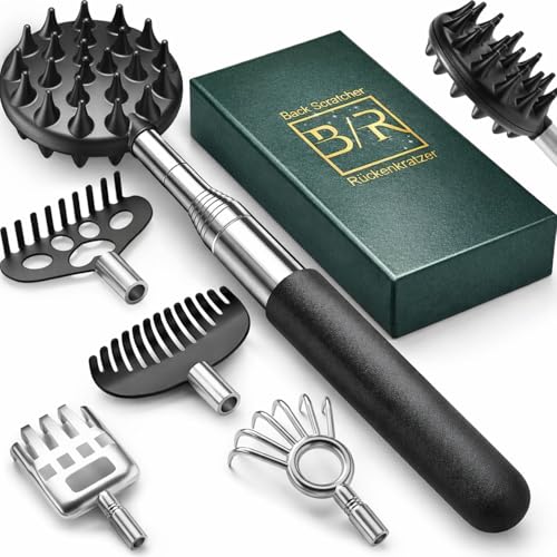 Rückenkratzer Ausziehbarer mit 5 abnehmbaren Kratzköpfen, Verstärktem Griff aus Edelstahl, Geschenke für Männer, Väter und Frauen, Valentinstag Geburtstagsgeschenk Geschenk für Ihn