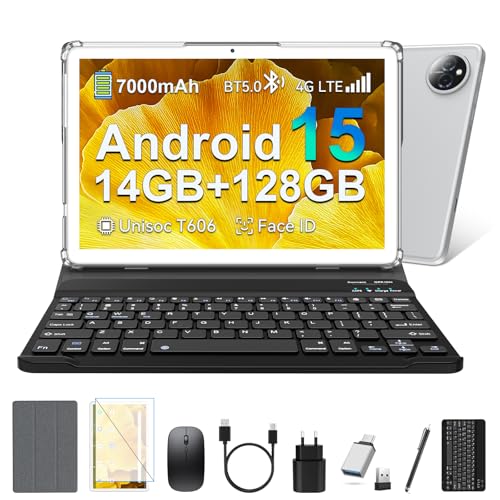 ANTEMPER Tablet, Android 15 Tablet PC mit SIM-Karte Slot 4G LTE Anrufe, 14GB RAM+128GB ROM (1TB TF), Octa-Core, Tablets 10 Zoll Gemini AI, 13MP+8MP, 7000mAh, GPS, Face ID, 2-in-1 Tablet, Silber 2026