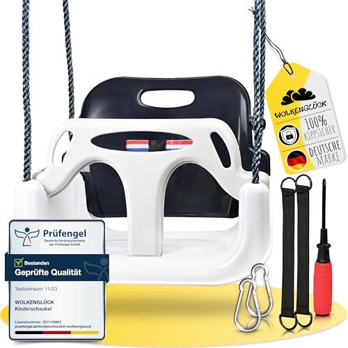 WOLKENGLÜCK® Babyschaukel 3 in 1 [6 Monaten bis 6+ Jahre] - Mitwachsende Kinderschaukel für Outdoor & Indoor - Hochwertige Schaukel inkl. Rückenlehne & Anschnallgurt (Grau)