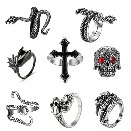 yolzhxe 8 Stück Vintage Punk Ringe, Herren Verstellbar Gothic Ringe Set, Kreuz, Totenkopf, Dragon Claws und Schlange Offener Ring, Totenkopf Herrenringe Set, für Karneval, Mottoparty, Halloween