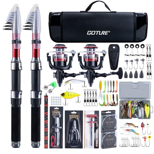 Goture Angelset mit 2 Teleskop-Angelruten, 1,8m Angelrute Set Komplett 2 5.2:1 Spinnrolle, Angelzange, Köderbox & Tragetasche – für Salz-/Süßwasser, Reisen–Angelgeschenk