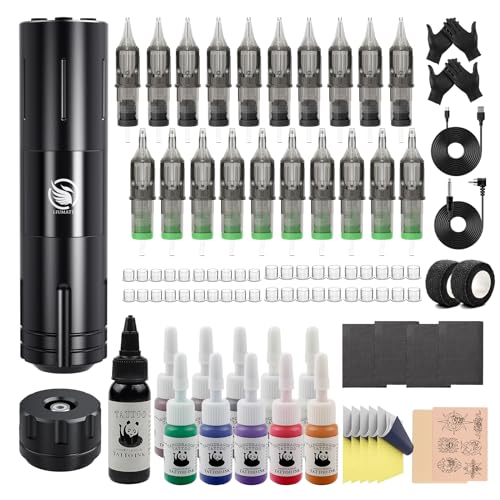 LIUMATE Wireless Maschine Set Drahtlose Rotation Stift mit 1800mAh Batterie 20 Nadelstücken 11 Tintenflaschen Komplette Zubehörteile für Anfänger und Künstler
