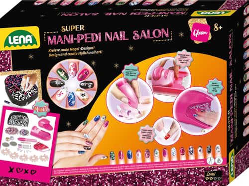 Lena 42654 Mani-Pedi Nail Salon Nagelstudio Kinder Kreativset für Mädchen ab 8 Jahren - Nagelset für stylische Nail Art inkl. Nagelformer, Nagel-Design-Drucker, Strass & Nageltrockner