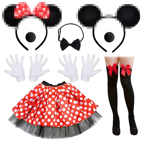 Mouse Karneval Kostüme Damen Set Erwachsene Faschingskostüme Mit 2 Maus Ohren+2 Nase+2 Paar Handschuhe+Tutu Tüllrock+Fliege Schleife+Strümpfe Für Cosplay Fasching Mottoparty Karneval Halloween