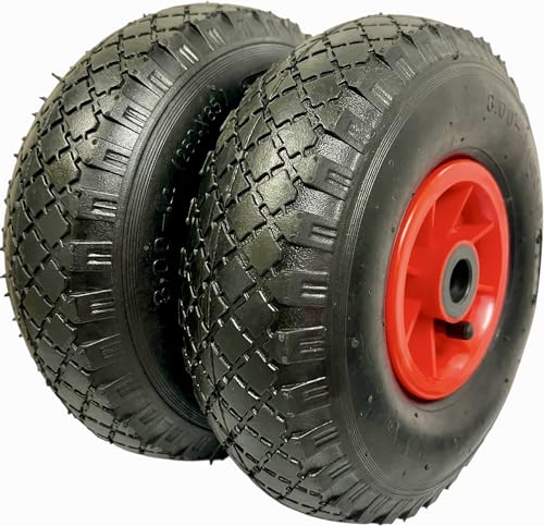 KOVA® 2X Sackkarrenrad Luftbereift 3.00-4, 260x85x20 Reifen mit Schlauch & Rad für 2cm Ø Achse Sackkarre Bollerwagen Luftreifen Ersatzrad Sackkarren Räder Rollenlager Luftrad Winkelventil Schw/Rot, L
