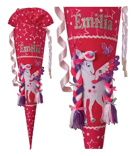 Schultüte mit Einhorn/Pegasus, passend zum ergobag CinBärella, Leuchtenden pink mit weiße Sterne, Wunschname,genäht
