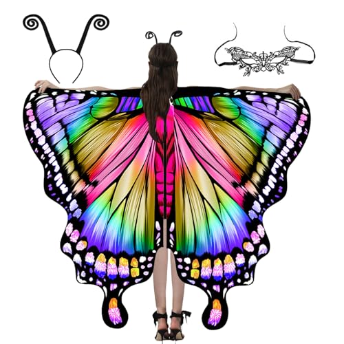 Huanuoda Schmetterling Kostüm Damen,Karneval Kostüm,Schmetterling Umhang Schal,halloween kostüm damen,Fasching Kostüm Mit Maske Stirnband,Fee Kostüm für Cosplay Karneval Halloween Weihnachte (Bunt)