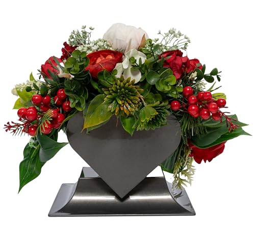 Grabgesteck aus Rosen in Herzvase, rot, ca. 30 cm hoch, künstliche Blumen, stabile beschwerte Schale, wetterfest – Friedhofsdeko für Grab, Urnengrab & Gedenkstätte – Allerheiligen Dekoration