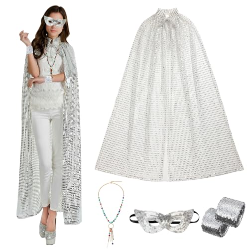 Srvak 4 Stücke Damen Karneval Kostüm Set, Lange Pailletten Glitzer Outfit Umhang Maske Armblumen & Halskette für Halloween Fasching, Karnevalkostüm Frauen (Silber, Einheitsgröße)