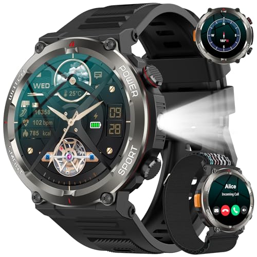 Baolubao Militär Smartwatch für Herren, Outdooruhr mit 100 Tage Akku/Bluetooth-Anrufe/Taschenlampe/Kompass/Puls-SpO2-Schlaf-Monitor/100+ Sportmodi Fitness-Tracker/2 Armbänder/IP68, Uhr für iOS Android