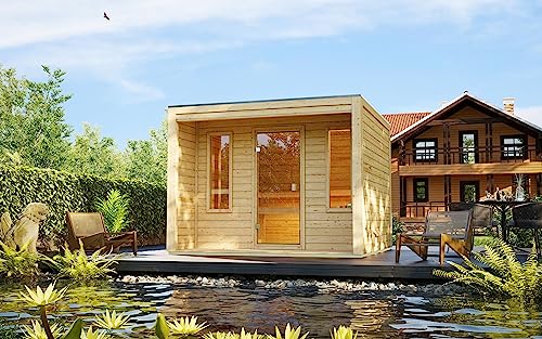 Chillroi® Karibu Saunahaus Aino Außensauna mit 3 Liegen 38 mm Wandstärke Fichtenholz Glastür optional mit Saunaofen (9kW Bio-Kombiofen)