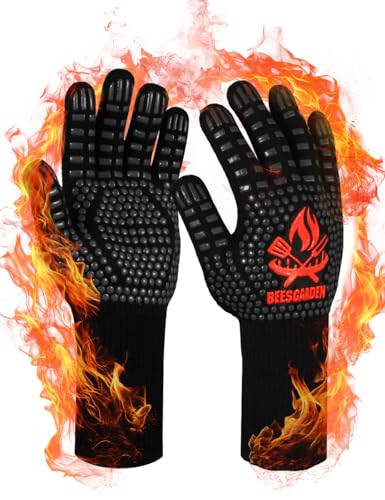 Beesgarden Grillhandschuhe Hitzebeständig bis 800°C Extrem Hitzebeständige, Feuerfest Ofenhandschuhe Topfhandschuhe BBQ Kochhandschuhe Backhandschuhe, Ideale für Ofen, BBQ, Kochen, Schwarz (L/XL/XXL)