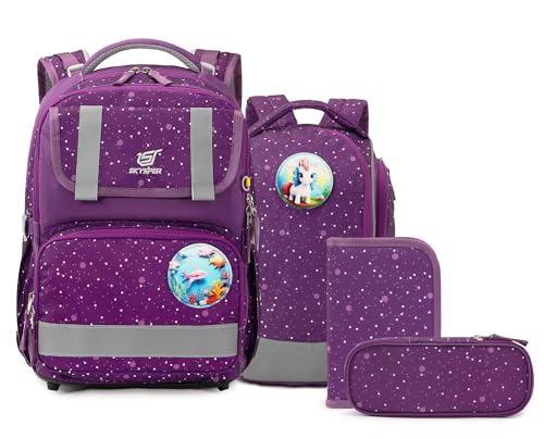SKYSPER Schulranzen-Set 5-teilig, Schulrucksack Ergonomischer Tragesystem 16L Schulranzen mit 360° Reflektorstreifen für Mädchen Gungen Kinder 1. klasse für Reisen Sport