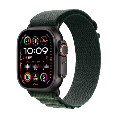Apple Watch Ultra 2 (GPS + Cellular 49 mm) Smartwatch, Sportuhr mit Titangehäuse in Schwarz und Alpine Loop in Dunkelgrün (Medium). Fitnesstracker, präzises GPS, Actiontaste, CO₂ neutral