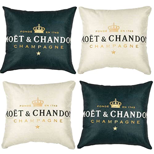 Kissenbezug für Sofa, dekorative Kissenbezüge Champagner und Schwarz, 45 x 45 cm, 4-teiliges Set, Baumwolle, Leinen, einfarbig, Sofakissen, Armlehne aus natürlichem Leinenstoff