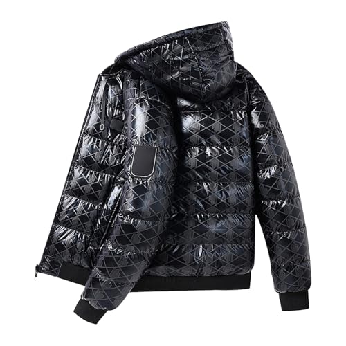 Herren Glänzende Puffer Jacke mit Kapuze Glanz Winterjacke Men Winter Daunen Jacket Moderne Wendejacke Hip Hop Daunenjacke Hooded Übergröße Herrenjacke Warme Dicke Steppjacke 01 Schwarz XXL