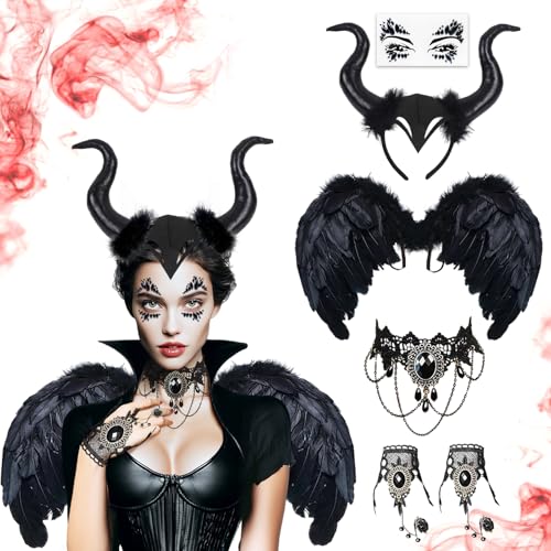 Leboria Halloween Kostüm Frauen, Schwarze Flüge, Haarband mit Dämonenhorn, Gesichtstattoo Gothic Accessoires, Halloween Kostüm Damen Hexe, Böse Königin Gothic Kleidung Damen