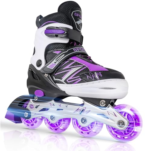 LOKJIJI Einstellbare Inline Skates für Kinder Mädchen Jungen Anfänger, Schwarz & Violett Inline Skates mit Light Up Räder für Kinder und Jugendliche für drinnen draußen Sport (Large)