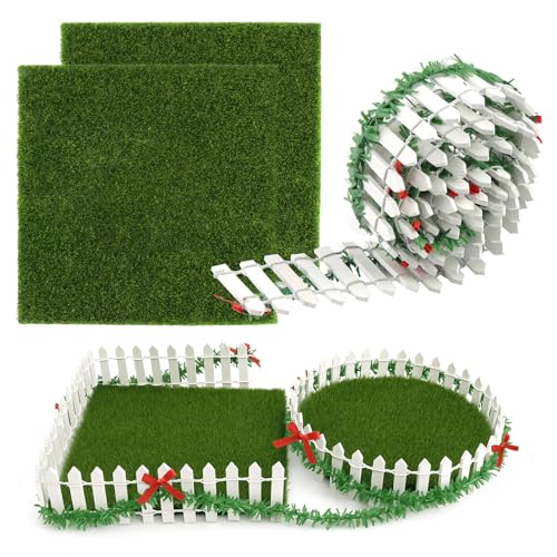 90x5cm Miniatur Gartenzaun, mit 2 Stück Kunstrasen zum Basteln, Holz Mini Holzzaun für DIY Weihnachtsdeko Garten, Wichtel Garten Staketenzaun, für Miniatur Deko (Zaun mit Weihnachtsknoten)