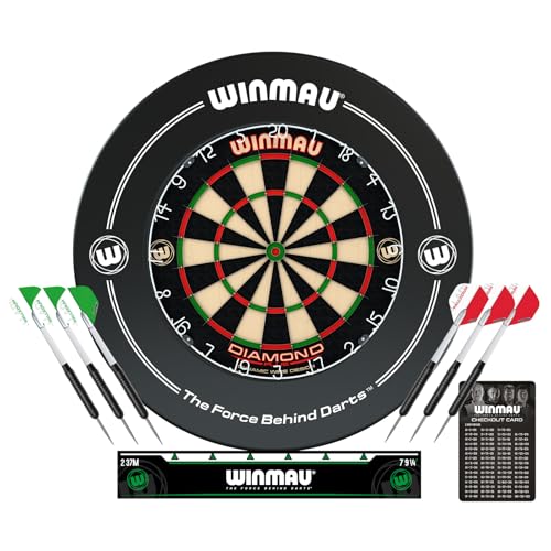 WINMAU Diamond Plus Steeldartscheibe Surround-Set - Professionelles Dartzubehör - Enthält Diamond Plus Dartscheibe, Dart Surround, 2 Sätze von Präzision Steeldart Und Mehr