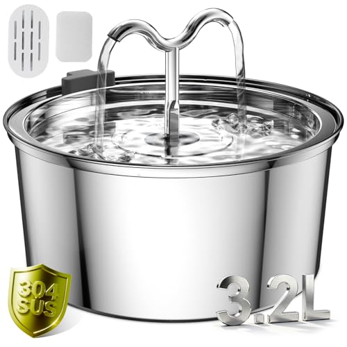 DOOOB Katzentrinkbrunnen, 3,2L Katzen Trinkbrunnen, Katzenbrunnen Edelstahl mit Ultra-Leiser Pumpe, Automatischer Trinkbrunnen für Katze und Kleine Hunde, Inkl. 1 Filter & 1 Schwamm