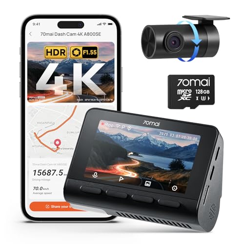 70mai A800SE Dashcam Auto Vorne Hinten 4K HDR 2160P+1080P mit 128GB SD Karte, Dual Autokamera 3