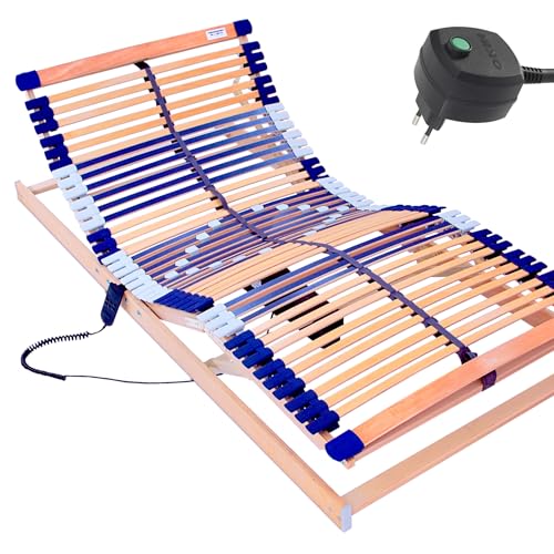 elektrischer Lattenrost 100% BUCHE - Kopf- u. Fußteil elektrisch verstellbar - SCHULTERFRÄSUNG, 7 Zonen, 44 Federleisten, Härteregulierung, Mittelgurt - Motor Comfort 44® - fertig montiert (100x200)