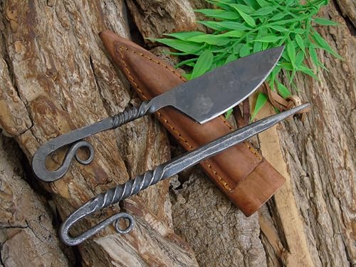 Mittelalter Messer mit Esspfriem +Scheide Wikinger;Kelten handgeschmiedet G83H19