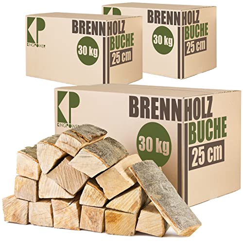 Buche Brennholz 25 cm Kaminholz 30, 60 oder 90kg für Kaminofen Lagerfeuer Feuerschale Ofen Grill Buchenholz kammergetrocknet ofenfertig Holzscheite Kingpower, Menge:90 kg