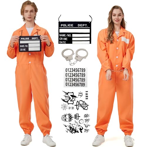 KUKIKUKI Sträflingskostüm für Herren Damen, Orange Gefangener Overall Erwachsene Fasching Kleid, Halloween Karneval Häftling Kostüm Prisoner Kostüm Erwachsene