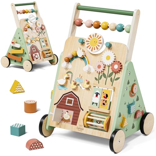 Lehoo Castle Lauflernwagen Holz, Einstellbar Baby Walker mit Activity Board, Laufwagen ab 1 Jahr, Baby Lauflernhilfe, Gehhilfe baby mit Spielzeug