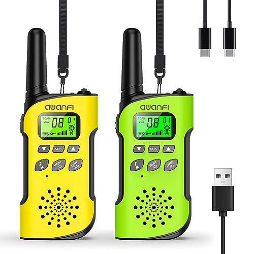AWANFI Walkie Talkie Kinder, Walkie Talkie Aufladbar Li-ion Akku, Funkgerät Set, Walki Talki VOX, LCD Taschenlampe, Tastensperre, Walky Talky für Geschenk Camping Abenteuer, 3-12 Jahre