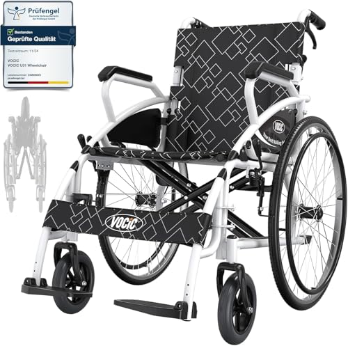 VOCIC Rollstuhl faltbar leicht bis 150KG,17KG Faltbarer Outdoor Rollstuhl,Doppelbremsen Transportrollstuhl klappbar mit Selbstantrieb für Erwachsene,Pannensicher Reifen (Mondlichtweiß)