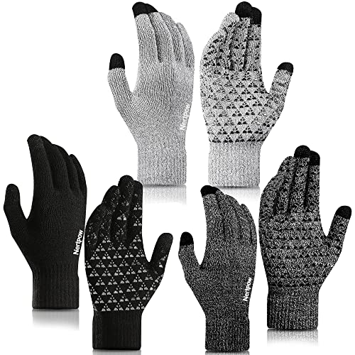 Nertpow Handschuhe Herren Winter Touchscreen 3 Pack, Thermo Handschuhe Herren Damen Warme Rutschfest Stricken mit Fleece Gefüttert Geschenke für Familie(Schwarz&Schwarz+Weiß&Grau+Weiß-M)