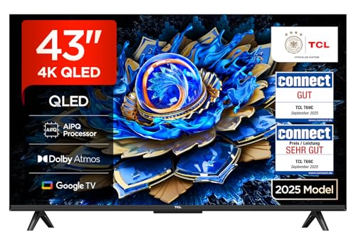 TCL 43T69C 43 Zoll QLED, Direct LED TV, 4K HDR TV, Smart Google TV (Dolby Vision & Atmos, Motion Clarity, Kompatibel mit Google Assistant & Alexa)
