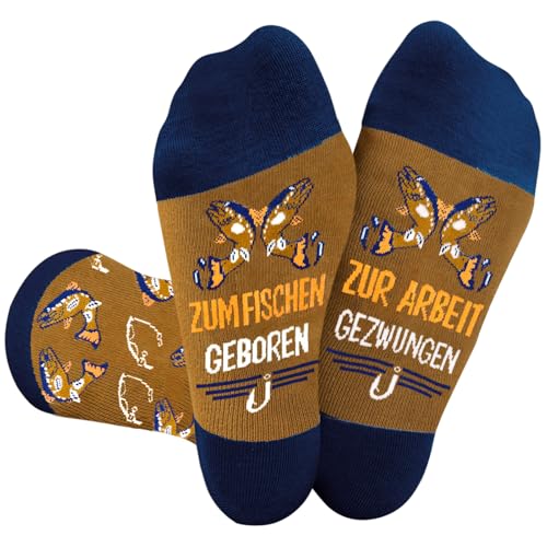 UEOTO Lustige Angel Geschenke für Männer Lustig, Geburtstag Weihnachten Geschenk für Angler Socken mit Spruch, ZUM ANGELN GEBOREN ZUR ARBEIT GEZWUNGEN Socken Weihnachtsgeschenke für Männer