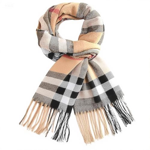 Ovtai Karierter Schal, Schal Winter, Karierter Schal Damen, Schal Herren Winter, Schal Beige Kariert, 35x190cm, Angenehm Weich, Perfekt für Herbst und Winter