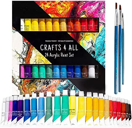 Crafts 4 ALL Acrylfarben-Set 24 Farben – Farbe für Holz, Leinwände, Keramik, Stoff - Leuchtende, ungiftige Malfarben für Kinder, Anfänger, Künstler